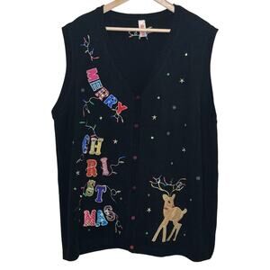 Plus Size Knit Christmas Sweater Vest 2X Sequins Lights Festive Whimsy Reindeer